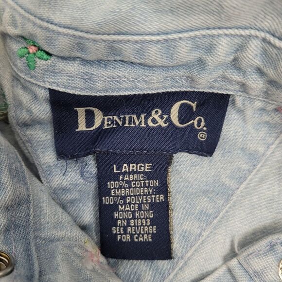 VINTAGE 90s dress denim embroidered floral button up jean maxi L - Picture 6 of 8